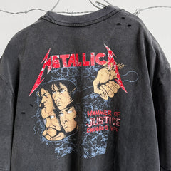 Unisex Vintage T Shirts Saint ¡Á BerBerJin ¡Á Metallica three-way collaboration washed short-sleeve tee. Features vintage single-stitch construction, heavy enzyme-wash finish, and distressed cut-and-tear detailing across multiple areas.