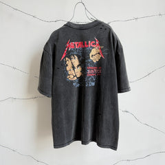 Unisex Vintage T Shirts Saint ¡Á BerBerJin ¡Á Metallica three-way collaboration washed short-sleeve tee. Features vintage single-stitch construction, heavy enzyme-wash finish, and distressed cut-and-tear detailing across multiple areas.