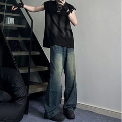 Men Jeans Dark Blue Vintage Jeans Straight Wide Leg Pants