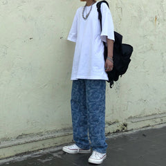 Men Jeans Embroidered Paisley Jeans Loose Retro Trousers