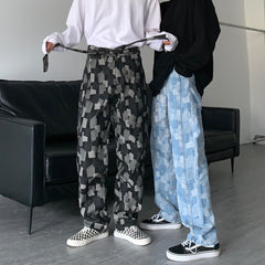 Men Jeans Straight Wide-Leg Pants Casual Loose Washed-out Denim Trousers