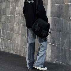Men Jeans Washed Old Baggy Straight Trousers Contrast Color Tie-Dye Denim Trousers