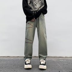 Men Jeans Washed Jeans Men's Winter Retro Straight-Leg Pants