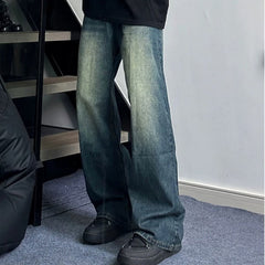 Men Jeans Dark Blue Vintage Jeans Straight Wide Leg Pants