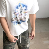 Unisex Vintage T Shirts SAINT MICHAEL ¡Á Takashi Murakami Collaboration: Statue of Liberty Oil Painting Graphic (Limited Edition). Features heavyweight 320g fabric (retaining its weight after washing) and authentic vintage construction with single-s