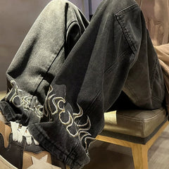 Men Jeans Embroidered Flame Jeans Baggy Straight Trousers