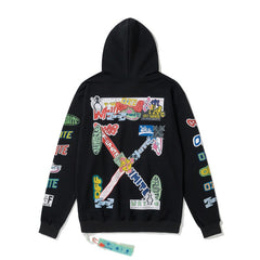 Off White hoodie Slogan Cartoon Arrow Pattern Pullover Hood