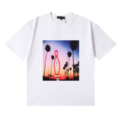 Purple T Shirts Bowling Coconut Tree Print Cotton Casual Short Sleeve Men and Women