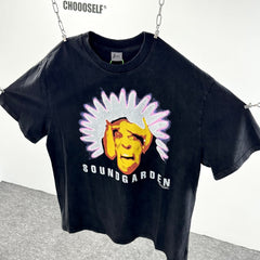 Unisex Vintage T Shirts Soundgarden Tour Exclusive: High-street style featuring a vintage American West Coast hip-hop silhouette, white-ink direct printing, and a heavy-duty distressed wash finish.