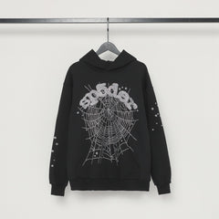 Sp5der hoodie Black hot-fix rhinestone texture Pure cotton high quality spring/summer