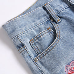 Mens Fashion Jeans Pink cherry blossom embroidered wide-leg pants 5711#