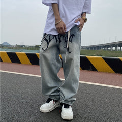 Men Jeans Bell-Bottom Pants Loose Straight Letter Vintage Print Jeans