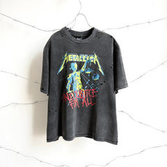 Unisex Vintage T Shirts Saint ¡Á BerBerJin ¡Á Metallica three-way collaboration washed short-sleeve tee. Features vintage single-stitch construction, heavy enzyme-wash finish, and distressed cut-and-tear detailing across multiple areas.