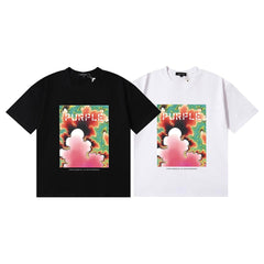 Purple T Shirts Brocade Safflower Green Plant Printing Cotton Casual Short Sleeve Men and Women