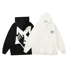 Off White hoodie with a fleece hood with a palm globe arrow pattern