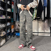 Men Jeans Retro Camouflage Pants Loose Straight Cargo Pants Washed Wide Leg Casual Trousers