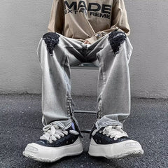 Men Jeans Gray Broken Hole Jeans Public Zipper Split Bootcut Trousers