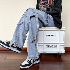 Men Jeans Lace-up Jeans Men's Straight Slim-Fit Zipper Overalls