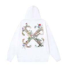 OW Botanical Flower Print Pattern Pullover Hooded Sweater