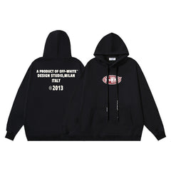 OW Black Crystal Letter Printed Pattern Hooded Sweater