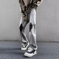 Men Jeans Gray Broken Hole Jeans Public Zipper Split Bootcut Trousers