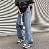 Men Jeans Embroidered Jeans Men's Summer Retro Loose Wide-Leg Straight Pants