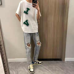 Men Jeans Ripped Jeans Men's Summer Vintage Distressed Zipper Trousers