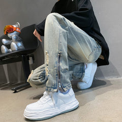 Men Jeans Ripped Jeans Summer Zipper Pants