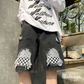 Men Jeans Ripped Checkerboard Plaid Denim Shorts