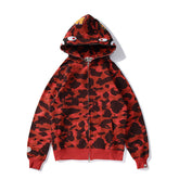 Bathing Ape Bape Autumn and Winter Men's and Women's Pure Cotton Shark Head 3D Camouflage Printing Brushed Hoody Hoodie