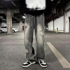 Men Jeans Oldschool Ripped Jeans Men's Summer Loose Straight P Pants