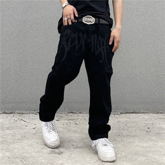 Men Jeans Black Jeans Men's and Women's Vintage Embroidered Straight Loose Jeans