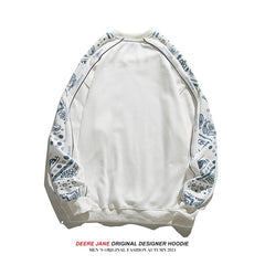 Men Pullover Hoodie Spring Patchwork round Neck Spring and Autumn Japanese Style Loose Top