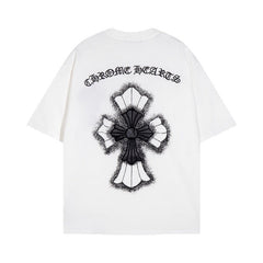 CHH Heart T Shirts Croix Cross Leather Printed Short Sleeve T-Shirt