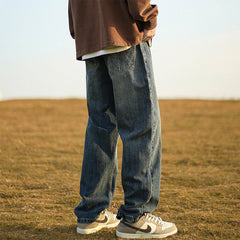 Men Jeans Retro Washed Straight Jeans Spring Loose Wide Leg Casual Pants for Boys