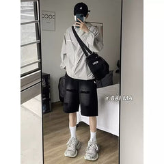 Men Jeans Embroidered Denim Shorts Summer Washed Shorts