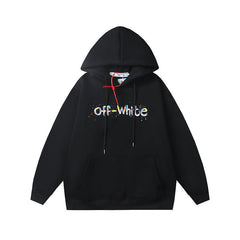 OW Color Letter Arrow Pattern Pullover Fleece Hooded Sweater