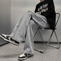 Men Jeans Straight Oversize Summer Slightly Flared Wide Leg Pants