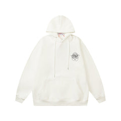 Off White hoodie with a fleece hood with a palm globe arrow pattern