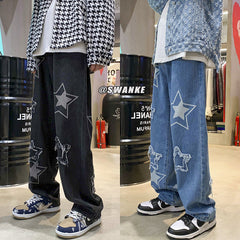 Men Jeans Embroidered Jeans Men's Winter Loose Five-Pointed Star Straight Wide-Leg Pants