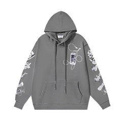 OW mobile phone floral earphone print pattern hooded sweater