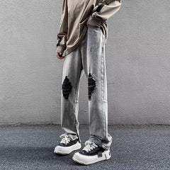 Men Jeans Gray Broken Hole Jeans Public Zipper Split Bootcut Trousers