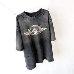 Unisex Vintage T Shirts Saint x Death Angel Little Angel Limited Edition. Crafted from heavyweight 100% cotton fabric (weighing 260g post-wash). Features vintage single-stitch construction (top and bottom hems), heavy-duty potassium spray and enzym