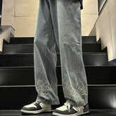 Men Jeans Embroidered Flame Jeans Baggy Straight Trousers