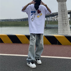 Men Jeans Bell-Bottom Pants Loose Straight Letter Vintage Print Jeans