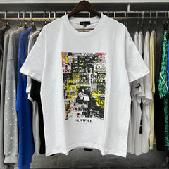 Purple T Shirts Newspaper Printed Cotton Casual Short Sleeves Men and Women