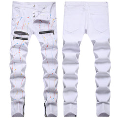 Mens Fashion Jeans Pants pocket zipper Color splatter ink 1168#