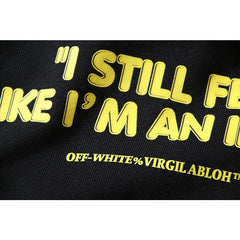 OW Yellow Letter Pattern Hooded Pullover Sweater