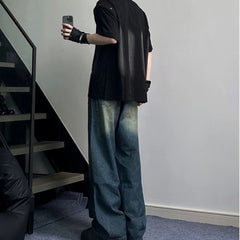 Men Jeans Dark Blue Vintage Jeans Straight Wide Leg Pants