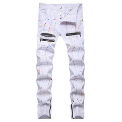 Mens Fashion Jeans Pants pocket zipper Color splatter ink 1168#
